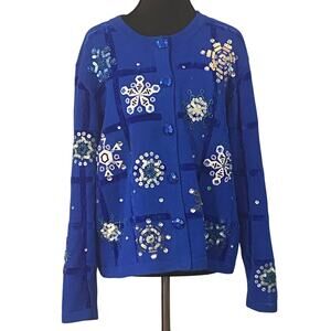 Just B Blue Sequin Snowflake Embellished Cardigan Sweater Women's Large